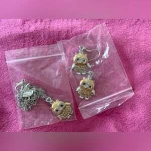 Owl Pendant Necklace and Earrings Set - Gold and Silver Tones